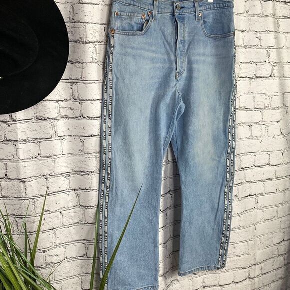 LEVIS 501 Original Sport Stripe Cropped High-Rise Straight Logo Leg Jeans 32/26 - Picture 4 of 16